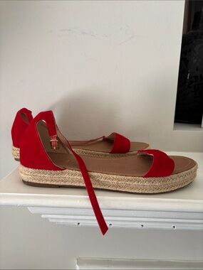 Women's Red Suede Espadrille Sandals with Ankle Tie